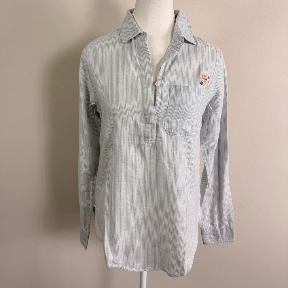 Marine Layer Greta Popover Womens XS Blue White Striped Floral Embroidered Shirt